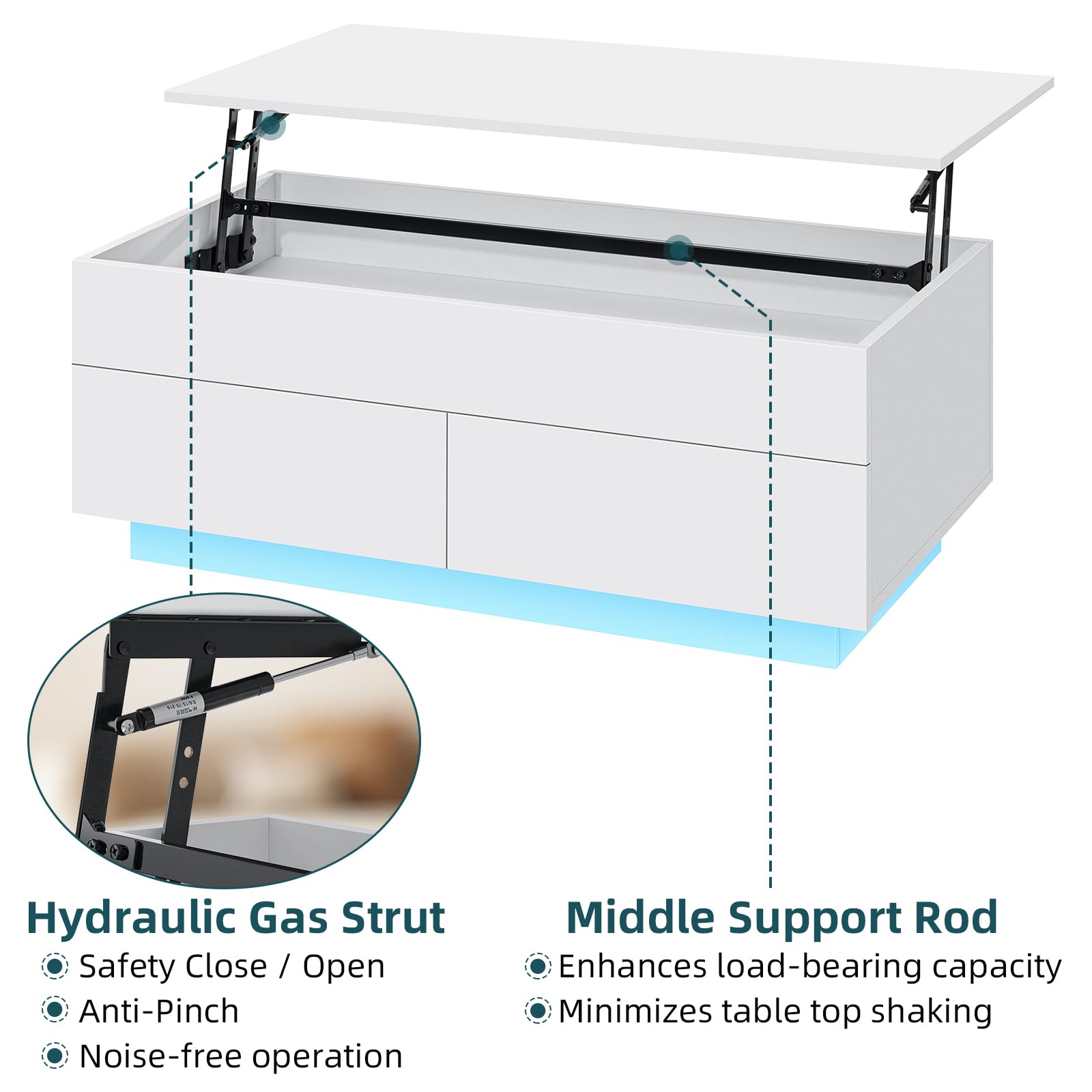 HOMMPA Lift Top Coffee Table with Hidden Storage LED Coffee table Morden High Gloss White Living Room 3 Tiers Tea Table with Storage Center Tables Hidden Compartment & 2 Drawers