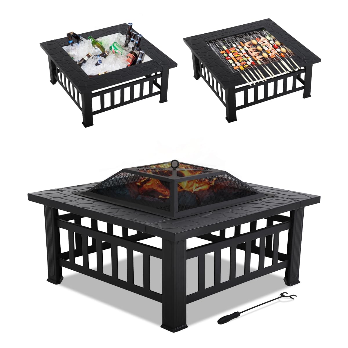 YRLLENSDAN 32 inch Fire Pit Table with Spark Screen Metal Outdoor Multiuse BBQ Firepit & Waterproof Mesh Cover for Camping Picnic, Wood Burning Heating