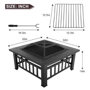 YRLLENSDAN 32 inch Fire Pit Table with Spark Screen Metal Outdoor Multiuse BBQ Firepit & Waterproof Mesh Cover for Camping Picnic, Wood Burning Heating