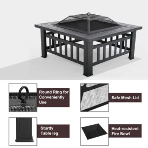 YRLLENSDAN 32 inch Fire Pit Table with Spark Screen Metal Outdoor Multiuse BBQ Firepit & Waterproof Mesh Cover for Camping Picnic, Wood Burning Heating