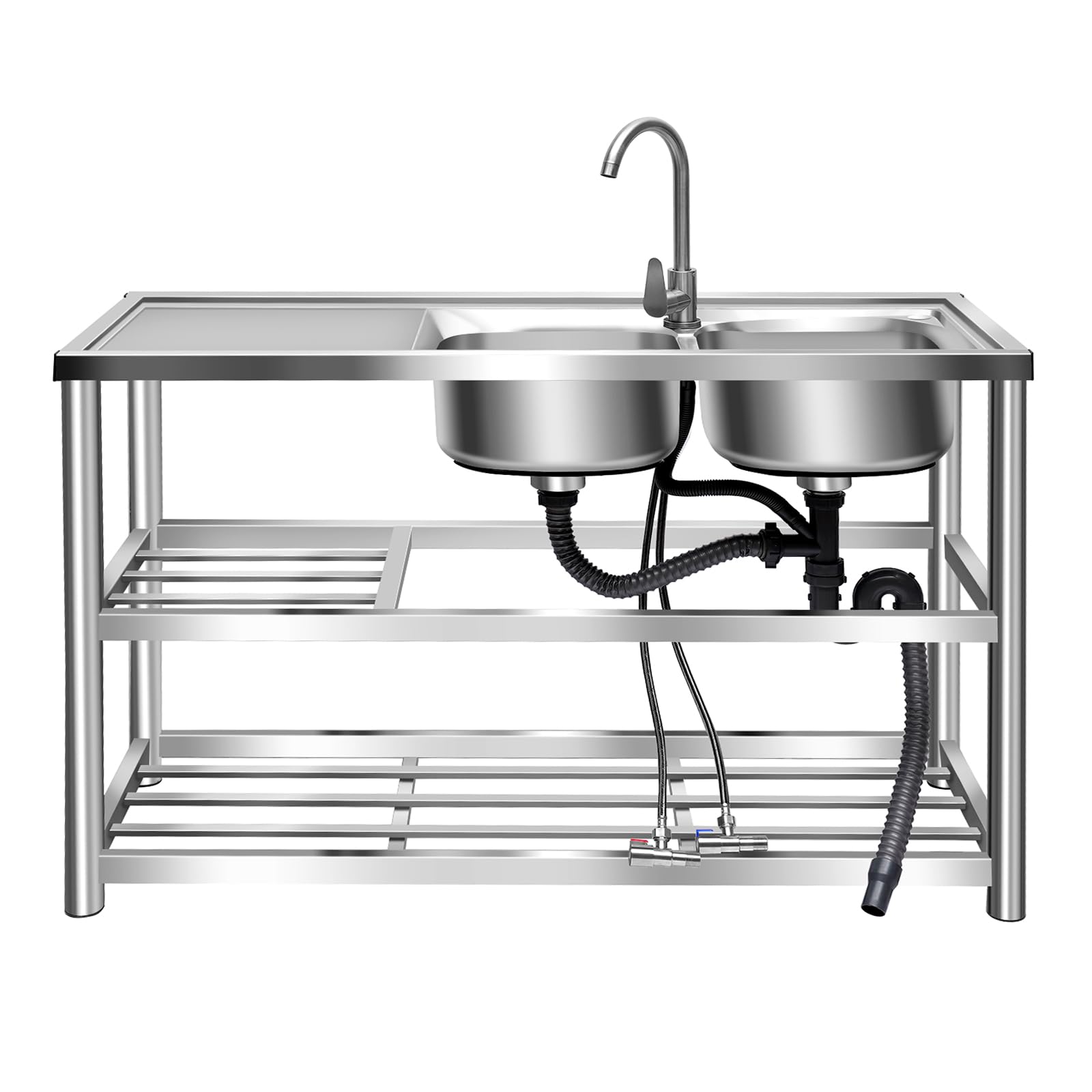 Commercial Kitchen Sink, 2 Compartment Stainless Steel Sink, Freestanding Restaurant Sink, Food Preparation Table & Multi-functional Sink, For Restaurants, Kitchens, Outdoor, Indoor…