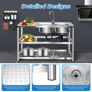 Commercial Kitchen Sink, 2 Compartment Stainless Steel Sink, Freestanding Restaurant Sink, Food Preparation Table & Multi-functional Sink, For Restaurants, Kitchens, Outdoor, Indoor…