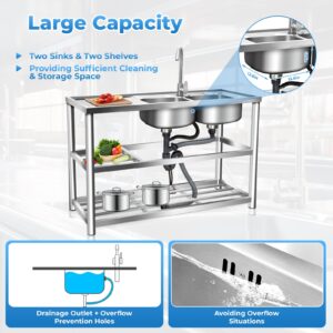 Commercial Kitchen Sink, 2 Compartment Stainless Steel Sink, Freestanding Restaurant Sink, Food Preparation Table & Multi-functional Sink, For Restaurants, Kitchens, Outdoor, Indoor…