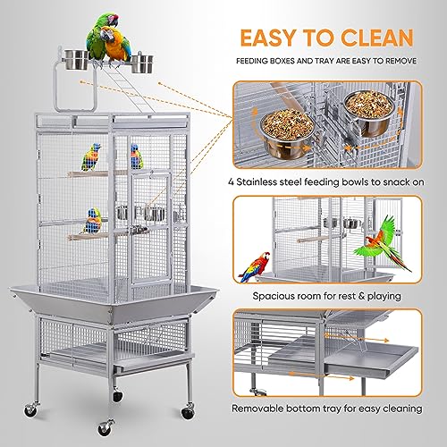 ZENY 61-inch Large Parrot Cockatiel Bird Cages with Wrought Iron Play Top, Aviary with Rolling Stand for Sun Parakeet Quaker Conure Lovebird Budgie Finch African Grey White Birdcage (White)