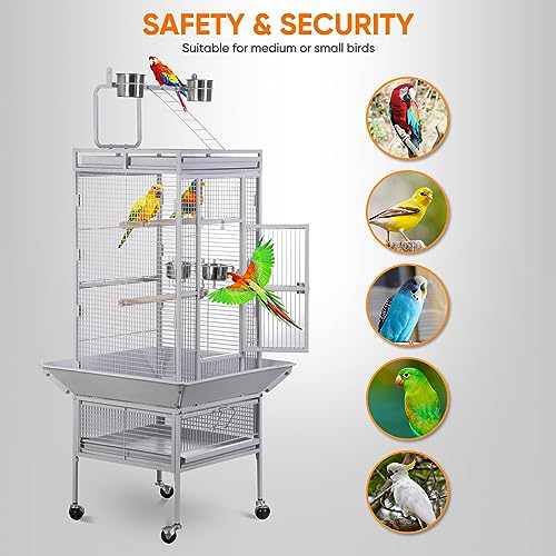 ZENY 61-inch Large Parrot Cockatiel Bird Cages with Wrought Iron Play Top, Aviary with Rolling Stand for Sun Parakeet Quaker Conure Lovebird Budgie Finch African Grey White Birdcage (White)