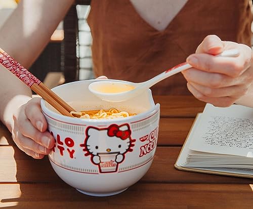 Silver Buffalo Sanrio Hello Kitty x Nissin 20-Ounce Ramen Bowl With Chopsticks and Spoon