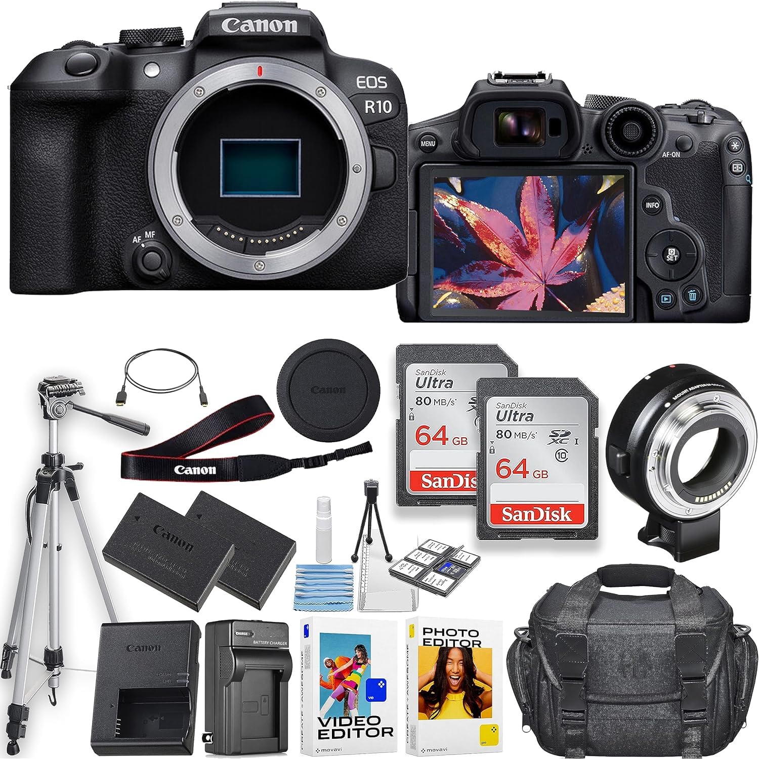 Canon EOS R10 Mirrorless Camera (Body Only) + 2pc 64GB Memory Cards + EOS R Adapter + Spare Battery + Tripod + Case & More (Renewed)