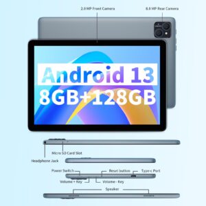 NEWISION Tablet 10 Inch Android 13 Tablets,8GB RAM(4+4GB Expand) 128GB ROM Tablets with A523 Octa-Core Processor,1280 x 800 IPS HD Display,8000mah, 5G WiFi Bluetooth 5,Dual Camera,Grey