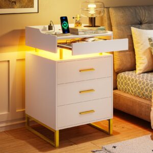 BTHFST LED Nightstand with Charging Station, Large Night Stand with 3 Drawers and 1 Pull-Out Tray, Modern Bedside Table with LED Lights, End Side Table with Storage, White and Gold