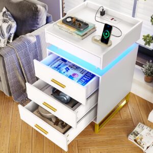 BTHFST LED Nightstand with Charging Station, Large Night Stand with 3 Drawers and 1 Pull-Out Tray, Modern Bedside Table with LED Lights, End Side Table with Storage, White and Gold