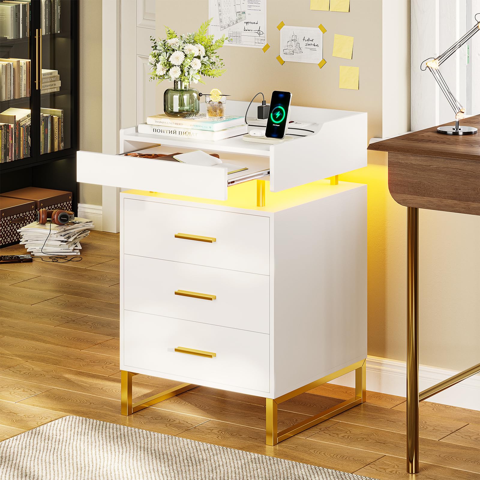 BTHFST LED Nightstand with Charging Station, Large Night Stand with 3 Drawers and 1 Pull-Out Tray, Modern Bedside Table with LED Lights, End Side Table with Storage, White and Gold