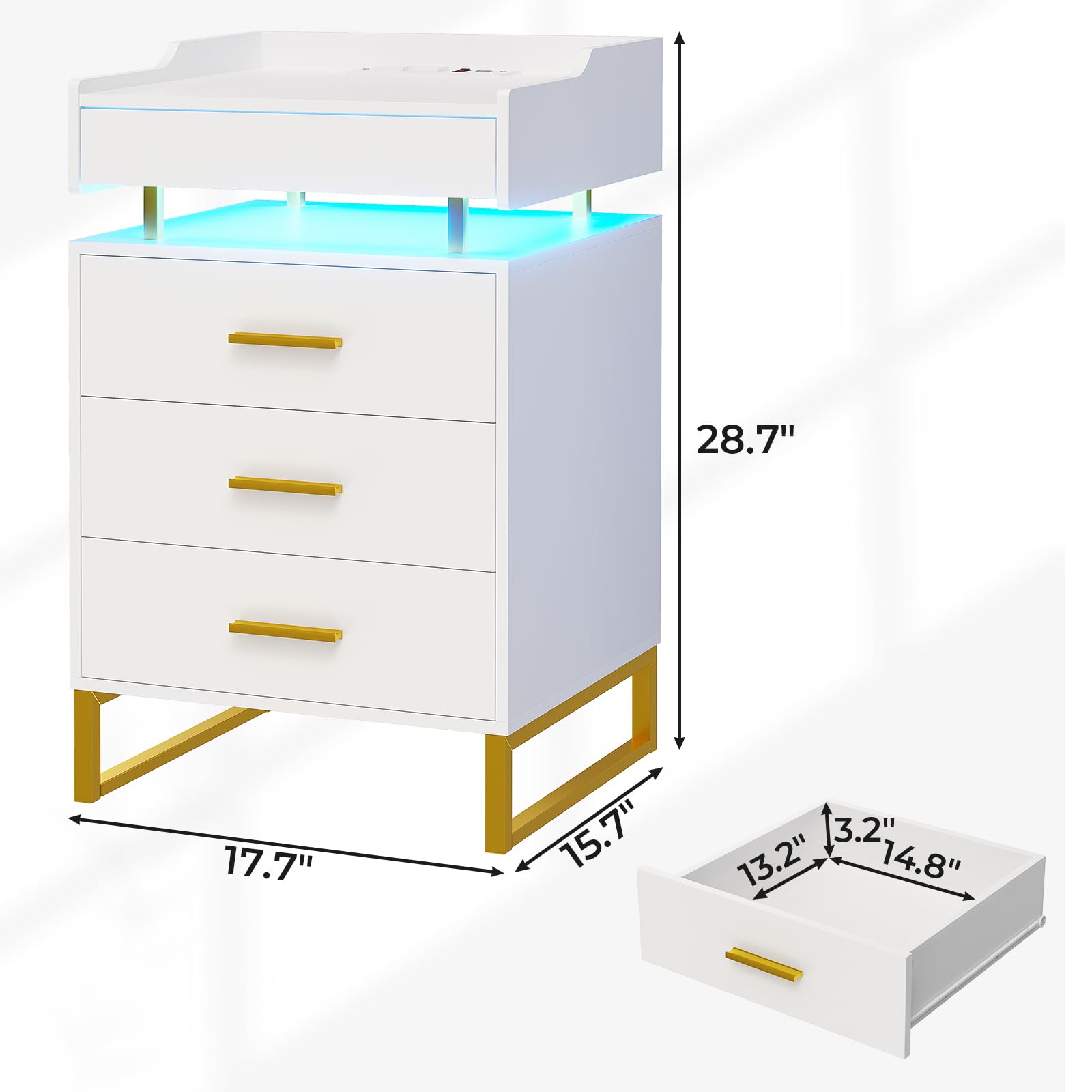 BTHFST LED Nightstand with Charging Station, Large Night Stand with 3 Drawers and 1 Pull-Out Tray, Modern Bedside Table with LED Lights, End Side Table with Storage, White and Gold