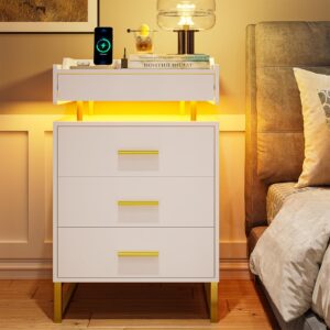 BTHFST LED Nightstand with Charging Station, Large Night Stand with 3 Drawers and 1 Pull-Out Tray, Modern Bedside Table with LED Lights, End Side Table with Storage, White and Gold