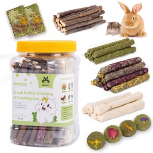 jons nty 50-60 pcs natural rabbit chew toys, bunny toys with timothy grass apple sticks, for guinea pig, hamster, chinchilla, rat, teething toy for small animals