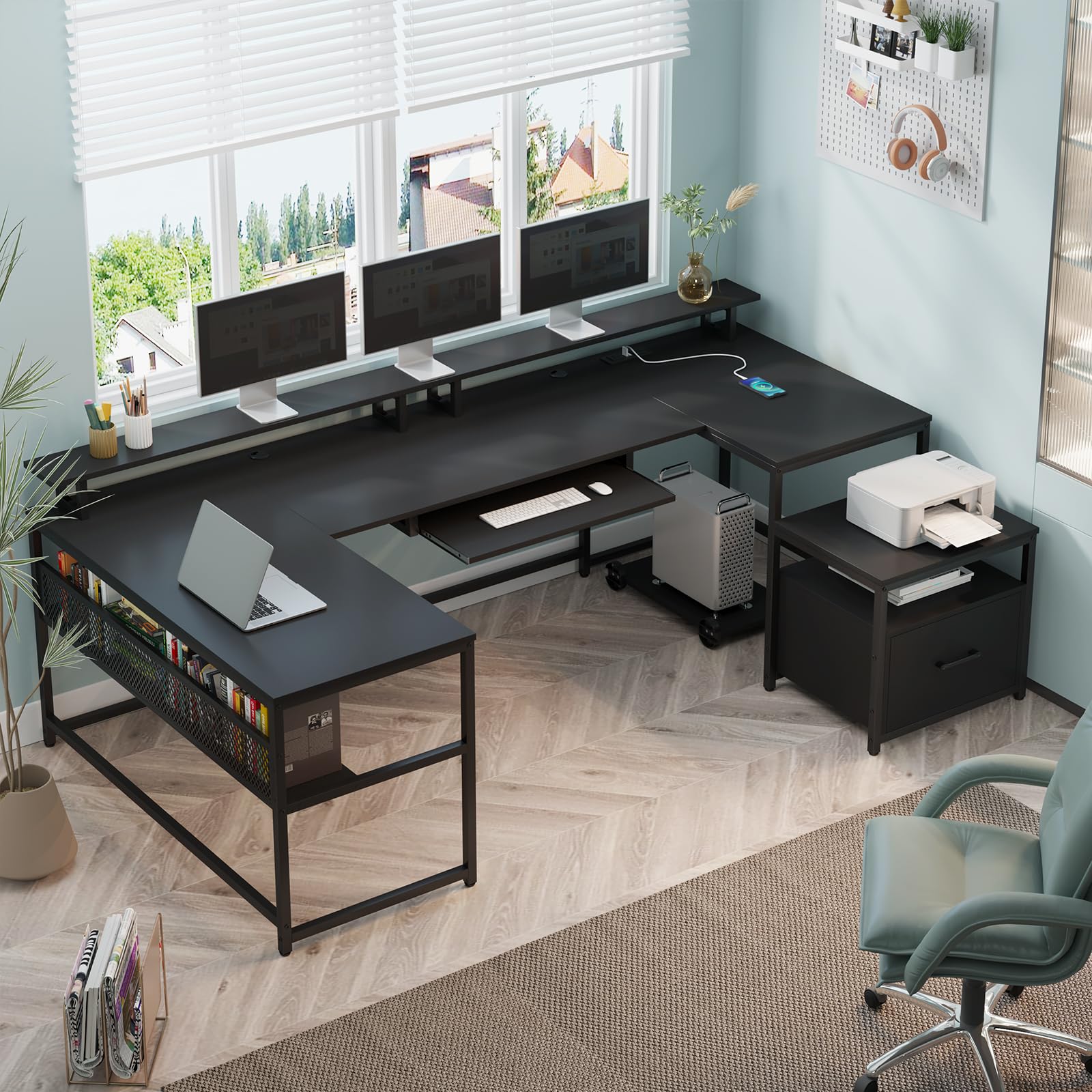 SEDETA U Shaped Desk, Reversible L Shaped Home Office Desk with File Drawer & Power Outlet, 101.5'' Computer Two Person Desk with Monitor Shelf, Keyboard Tray, Gaming Desk, Black