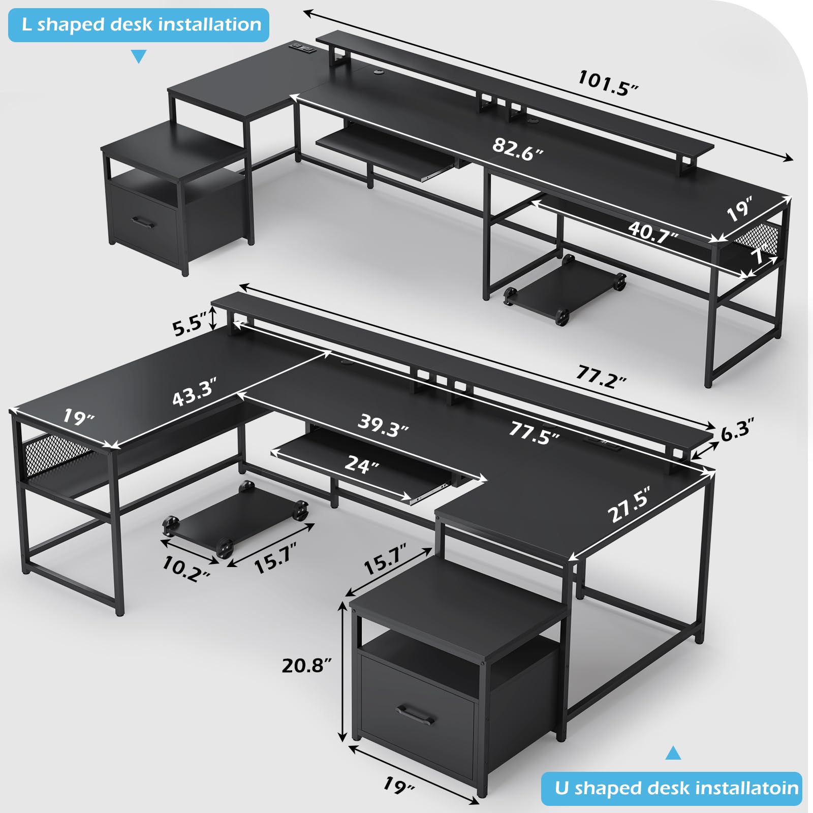 SEDETA U Shaped Desk, Reversible L Shaped Home Office Desk with File Drawer & Power Outlet, 101.5'' Computer Two Person Desk with Monitor Shelf, Keyboard Tray, Gaming Desk, Black