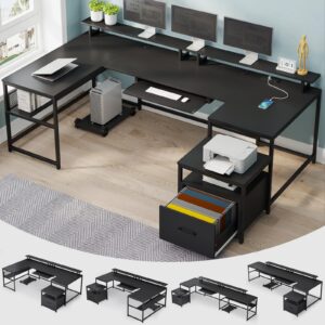 SEDETA U Shaped Desk, Reversible L Shaped Home Office Desk with File Drawer & Power Outlet, 101.5'' Computer Two Person Desk with Monitor Shelf, Keyboard Tray, Gaming Desk, Black