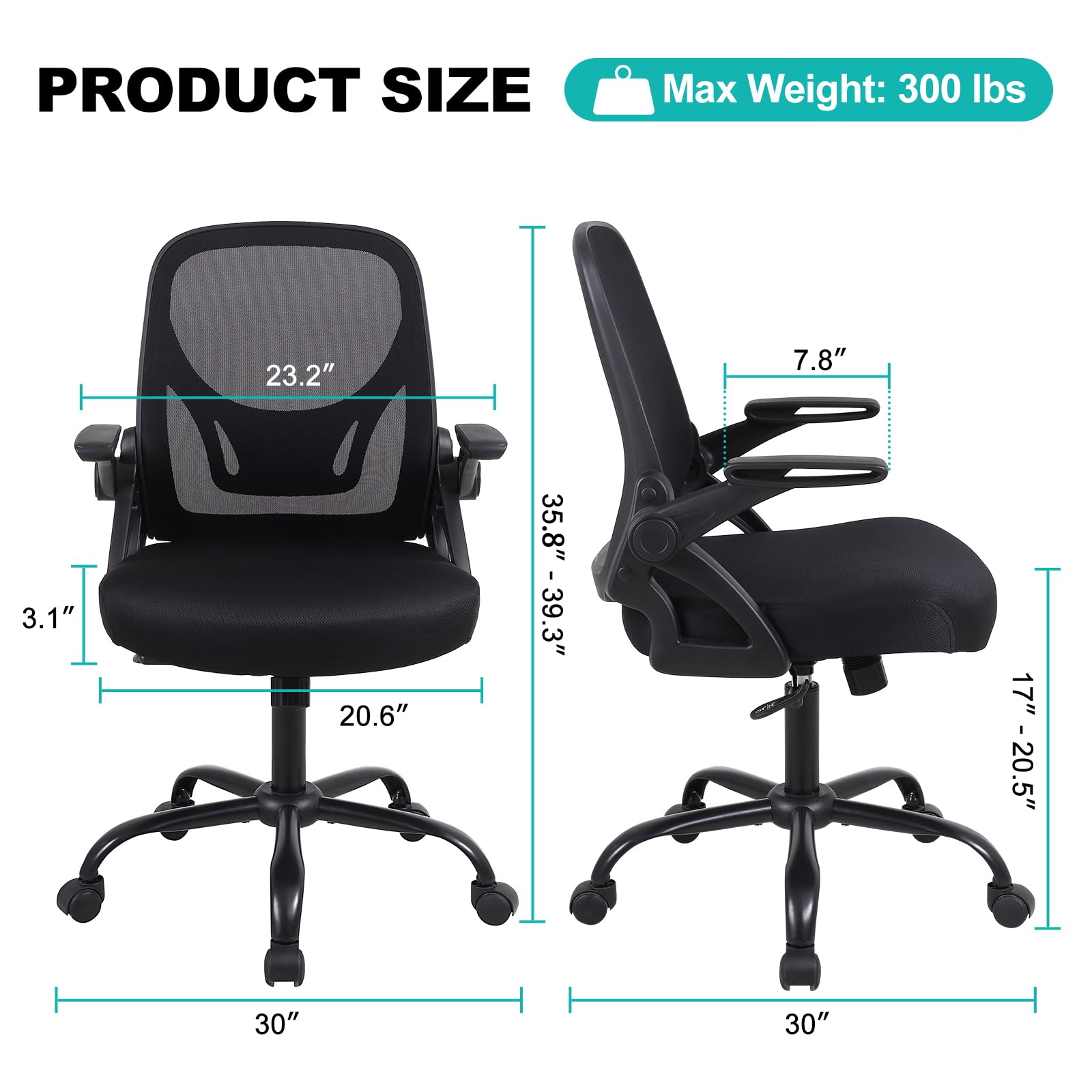 Nusetx Office Chair, Ergonomic Desk Chair - Thick Cushion Adjustable Height Computer Chair with Lumbar Support and Flip-up Armrests, Home Office Desk Chairs, Swivel Executive Task Chair, Black