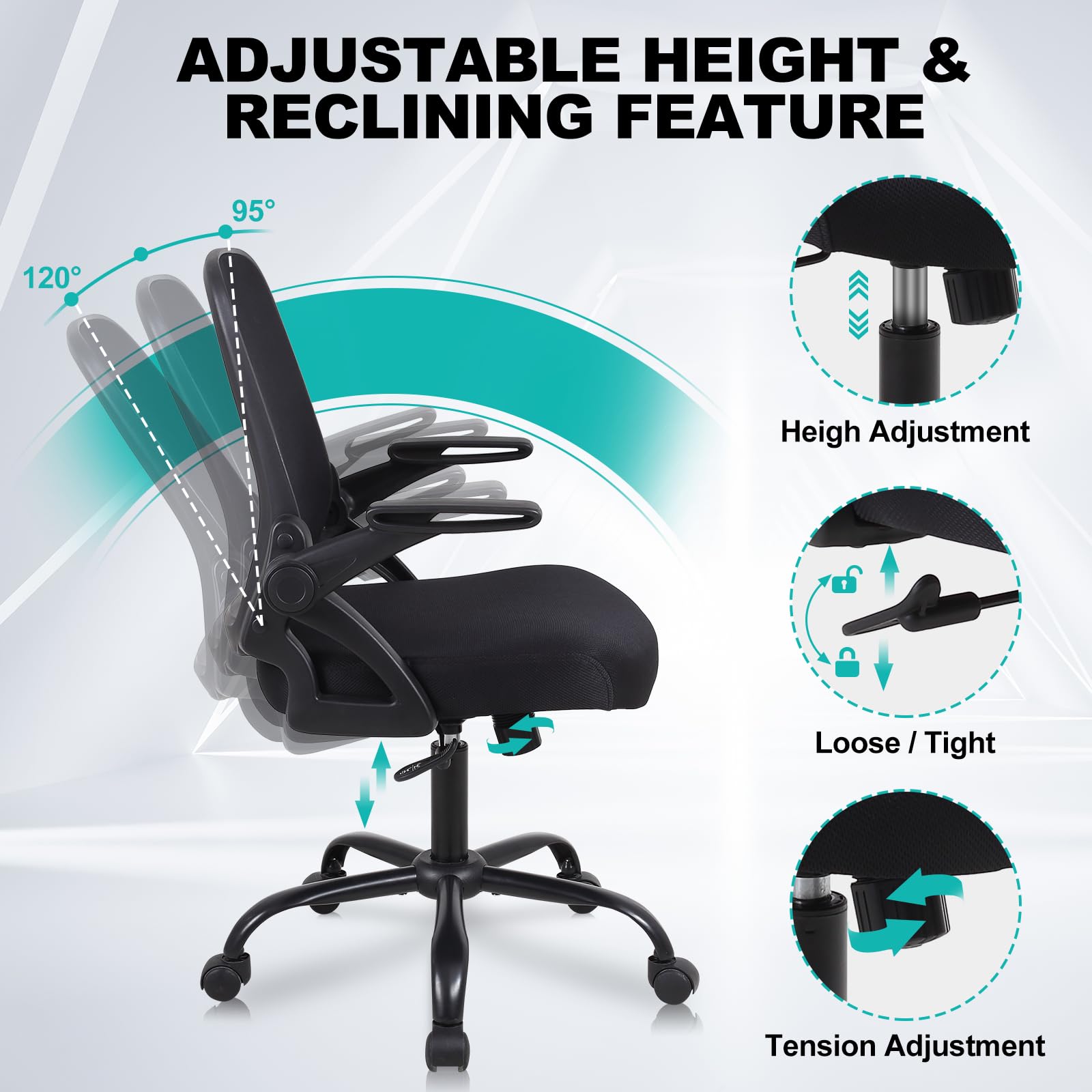 Nusetx Office Chair, Ergonomic Desk Chair - Thick Cushion Adjustable Height Computer Chair with Lumbar Support and Flip-up Armrests, Home Office Desk Chairs, Swivel Executive Task Chair, Black