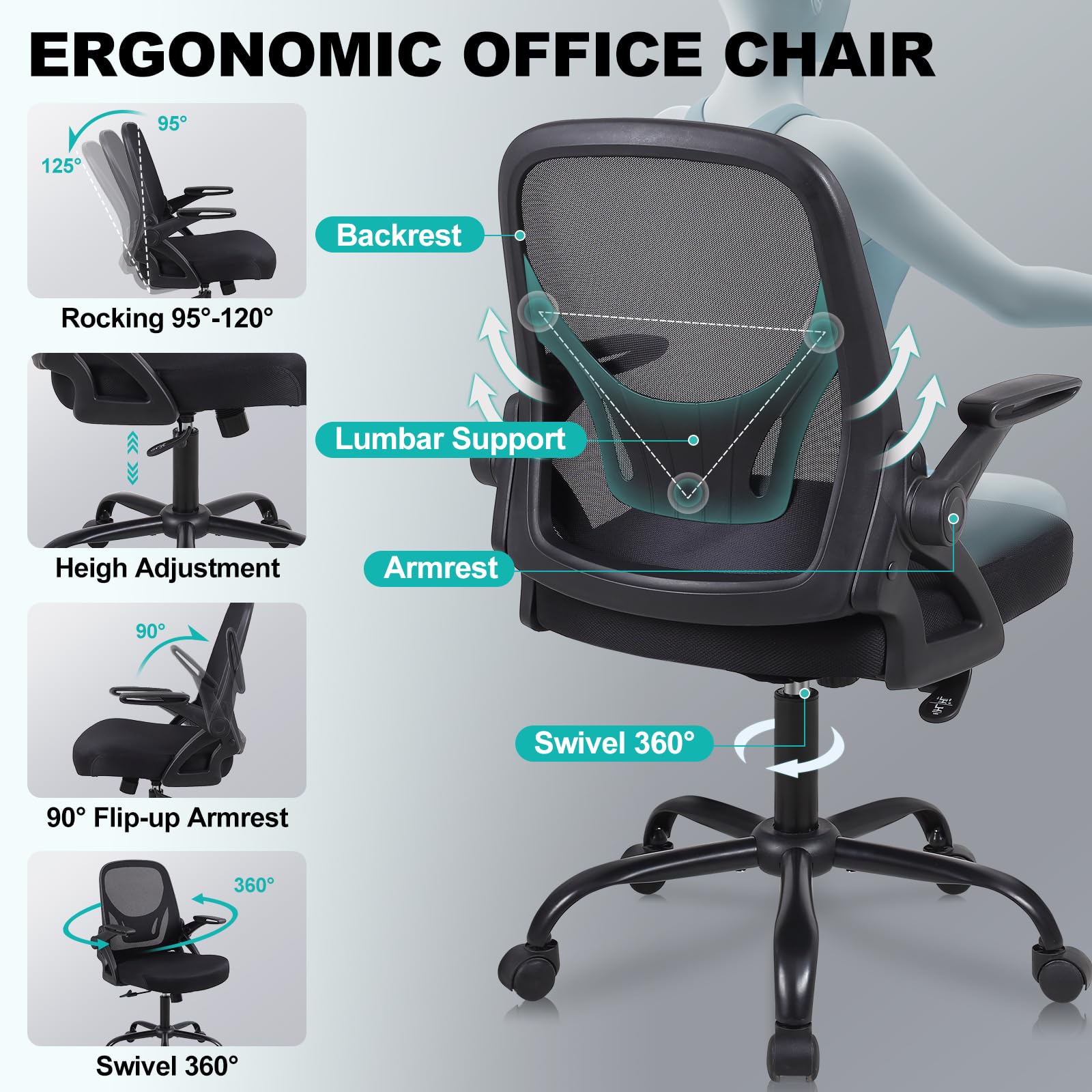 Nusetx Office Chair, Ergonomic Desk Chair - Thick Cushion Adjustable Height Computer Chair with Lumbar Support and Flip-up Armrests, Home Office Desk Chairs, Swivel Executive Task Chair, Black