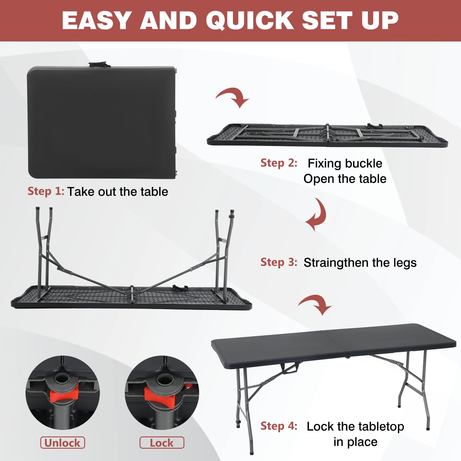 FDW Folding Half Portable Foldable Table for Parties Backyard Events (White, 6 FT 70 * 29) (Black, 6 FT)