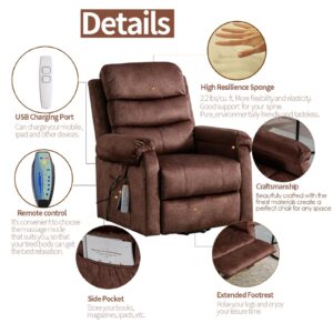 URRED Electric Lift Chairs Recliners for Elderly, Power Recliner Chair with Heat and Massage for Adult, Velvet Fabric Massage Recliner Sofa Chair with Lumbar Pillow, Side Pockets, USB Ports (Brown)