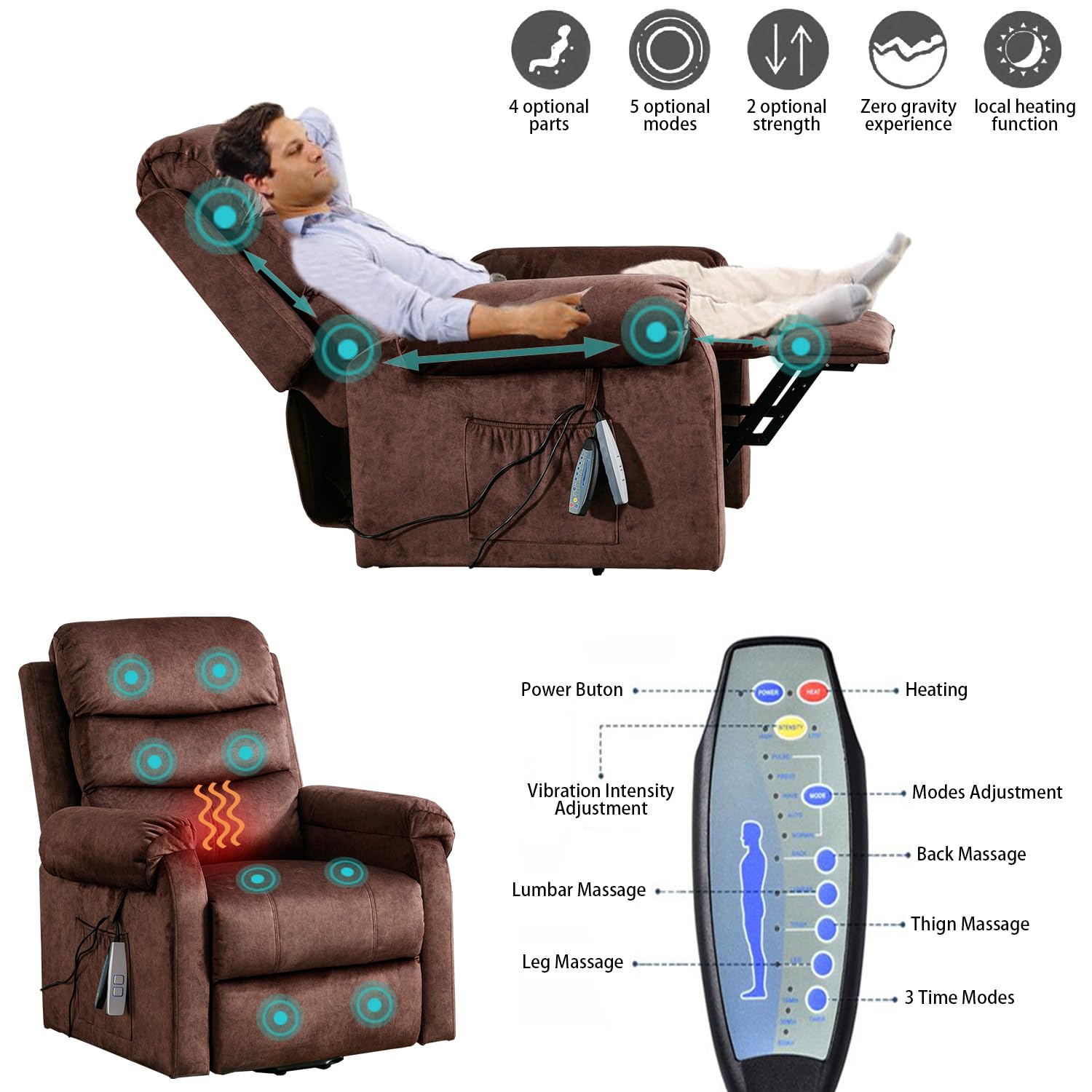 URRED Electric Lift Chairs Recliners for Elderly, Power Recliner Chair with Heat and Massage for Adult, Velvet Fabric Massage Recliner Sofa Chair with Lumbar Pillow, Side Pockets, USB Ports (Brown)