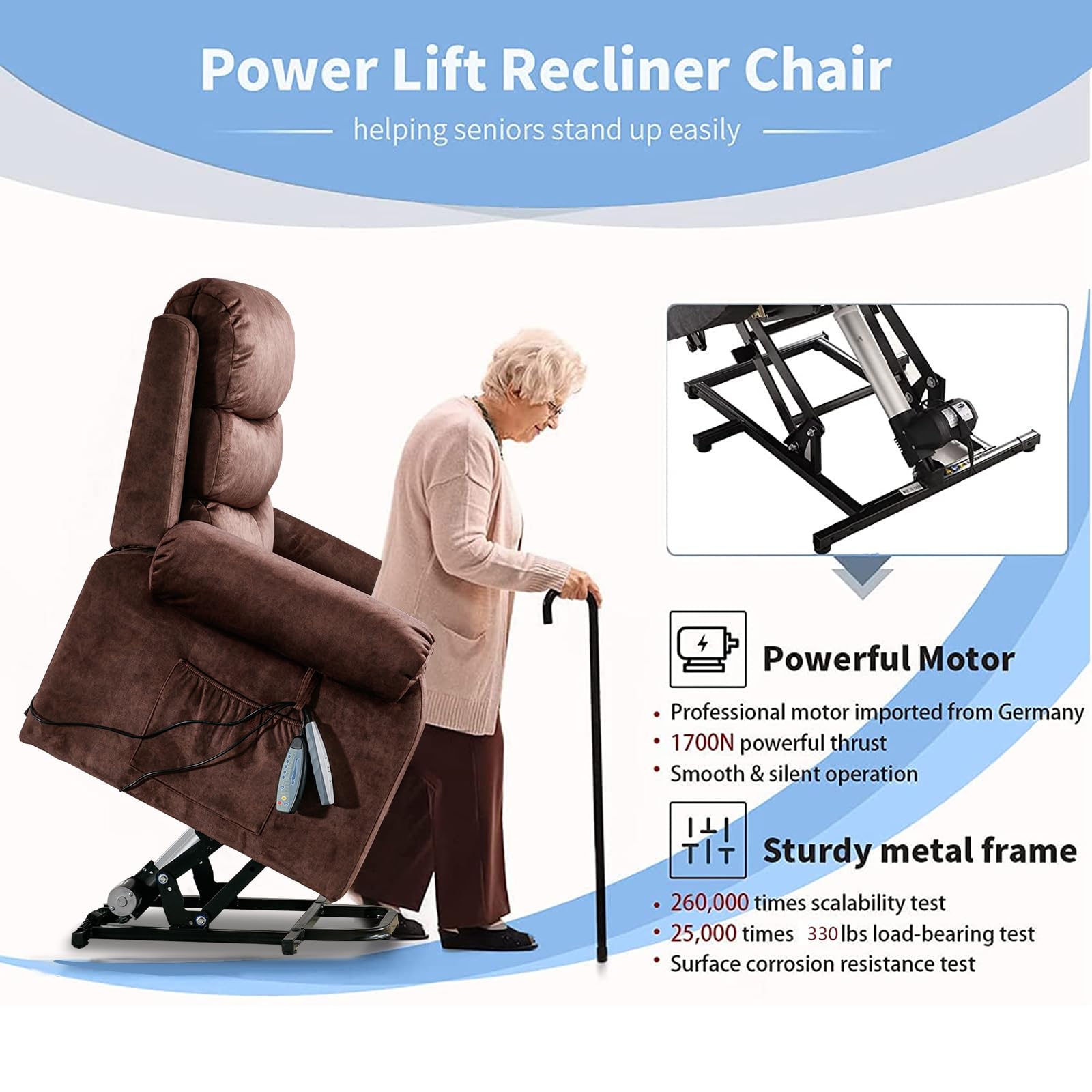 URRED Electric Lift Chairs Recliners for Elderly, Power Recliner Chair with Heat and Massage for Adult, Velvet Fabric Massage Recliner Sofa Chair with Lumbar Pillow, Side Pockets, USB Ports (Brown)