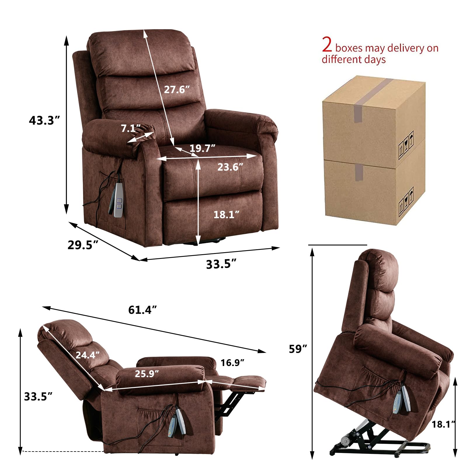 URRED Electric Lift Chairs Recliners for Elderly, Power Recliner Chair with Heat and Massage for Adult, Velvet Fabric Massage Recliner Sofa Chair with Lumbar Pillow, Side Pockets, USB Ports (Brown)