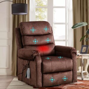 URRED Electric Lift Chairs Recliners for Elderly, Power Recliner Chair with Heat and Massage for Adult, Velvet Fabric Massage Recliner Sofa Chair with Lumbar Pillow, Side Pockets, USB Ports (Brown)