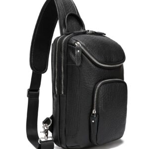 LANNSYNE Men's Vintage Full Grain Leather Sling Bag, Crossbody Chest Daypack fits 10.5" iPad, Black