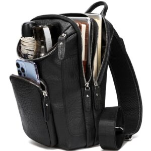 LANNSYNE Men's Vintage Full Grain Leather Sling Bag, Crossbody Chest Daypack fits 10.5" iPad, Black