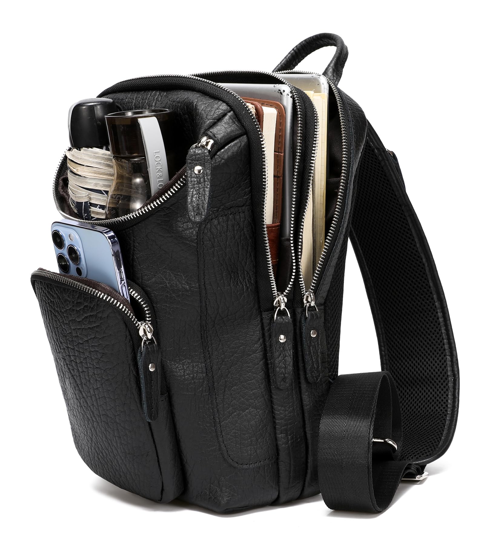 LANNSYNE Men's Vintage Full Grain Leather Sling Bag, Crossbody Chest Daypack fits 10.5" iPad, Black