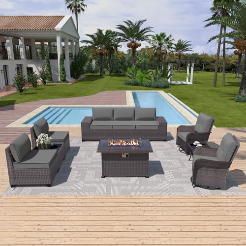 ALAULM 10 Pieces Patio Furniture Set with 2 Swivel Chairs Patio Furniture Outdoor Sectional Sofas with 55000 Gas Fire Pit Patio Conversation Set w/7 Cushions-Grey