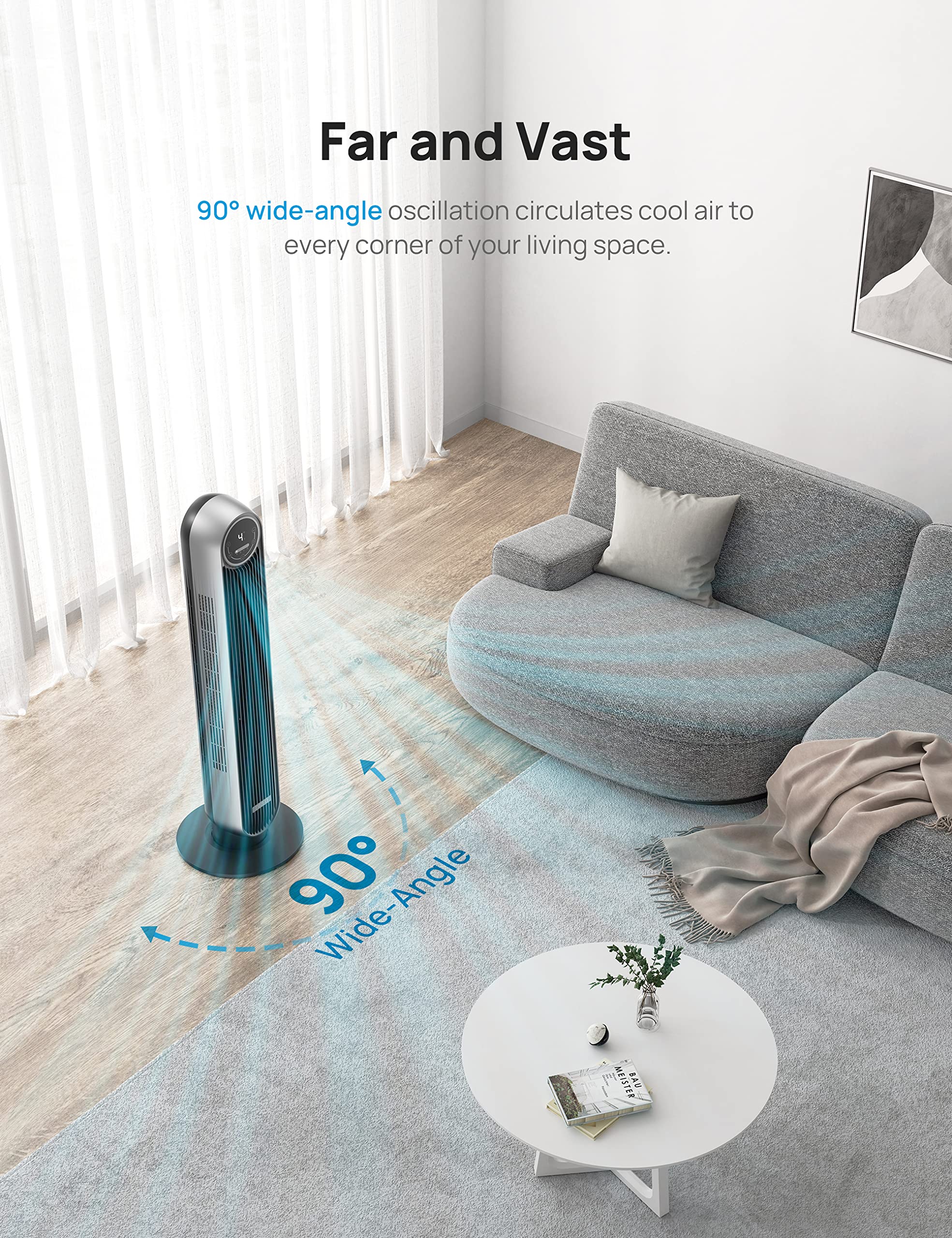 Dreo Tower Fan for Bedroom, 25ft/s Velocity Quiet Floor Fan, 90° Oscillating Fans for Indoors with 4 Speeds, 4 Modes, 8H Timer, Standing Fans, Bladeless Fan, Silver, Nomad One (DR-HTF007)