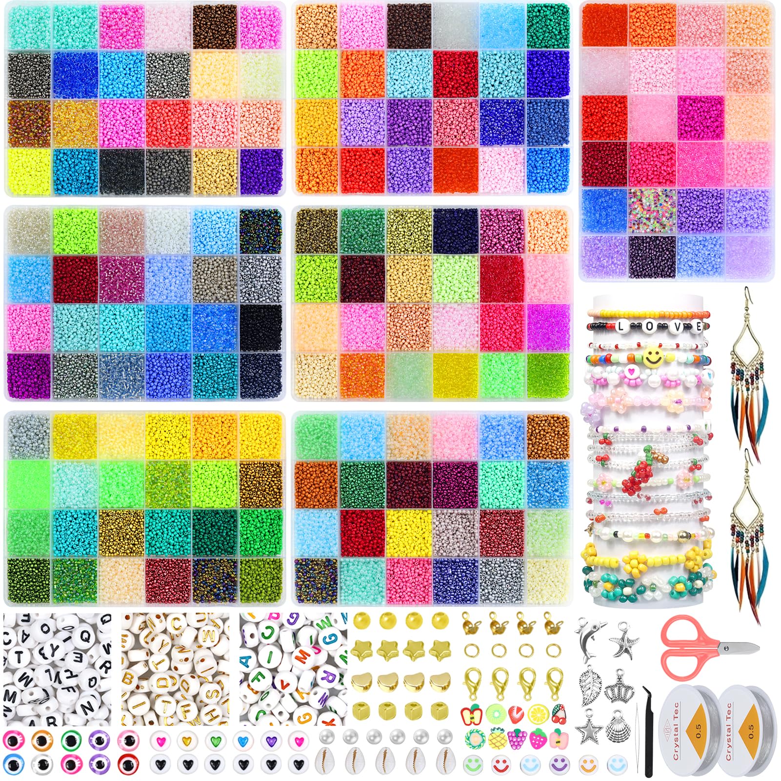 Ghguole 168 Colors 68000pcs 2mm Glass Seed Beads for Jewelry Making Kit, Small Beads Bracelet Making Kit, Tiny Beads Necklace Making Kit with Letter Evil Eye Beads & Charms Pendants, DIY, Art