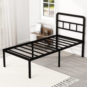 DiaOutro Twin Bed Frames with Headboard 18 Inch, Metal Platform No Box Spring Needed Heavy Duty Steel Slat Mattress Foundation/Easy Assembly/Noise Free/Black