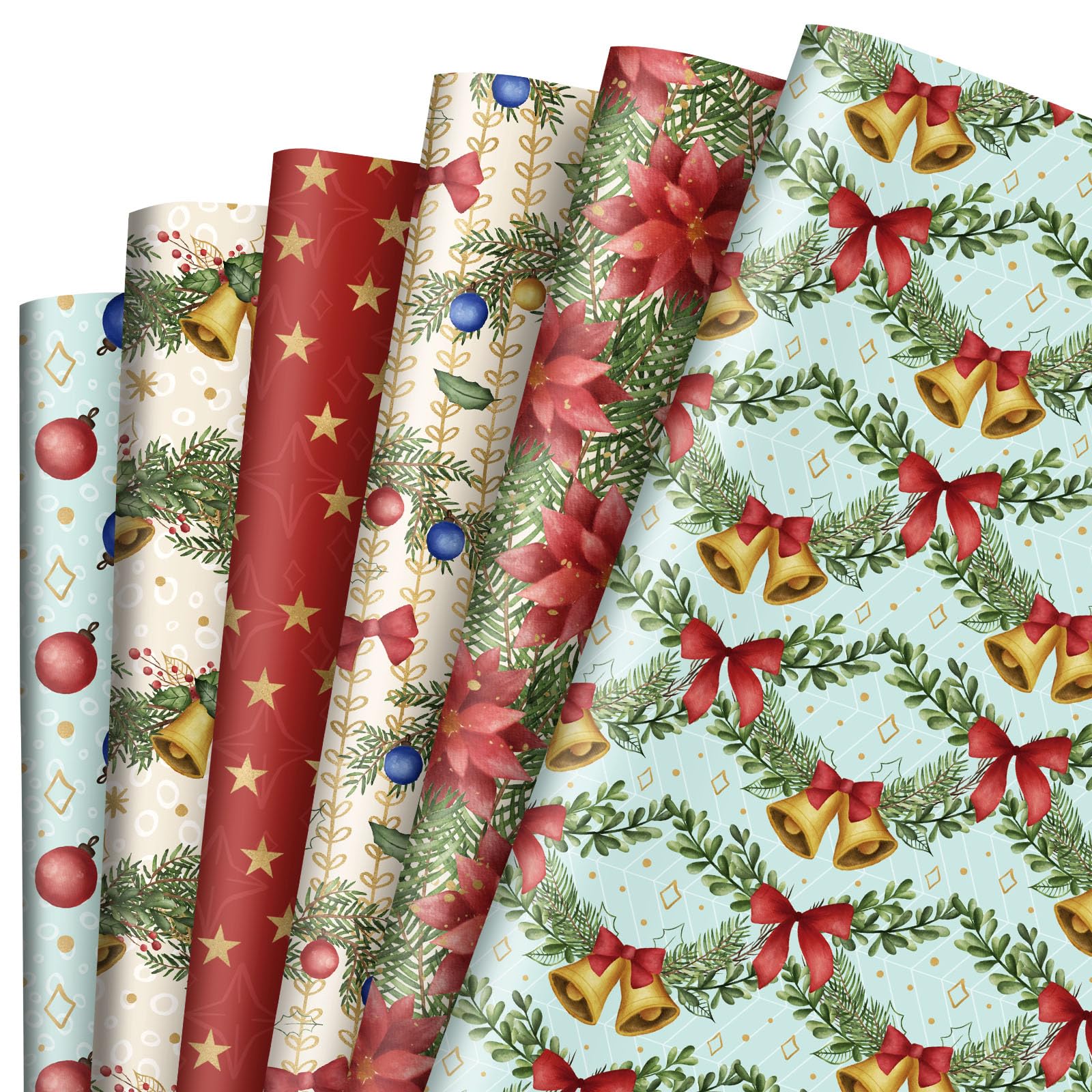 Whaline 12Pcs Christmas Wrapping Paper Watercolor Holly Bell Gift Wrap Paper Bulk Folded Flat Blue Red Decorative DIY Craft Paper, 20 x 28 Inch