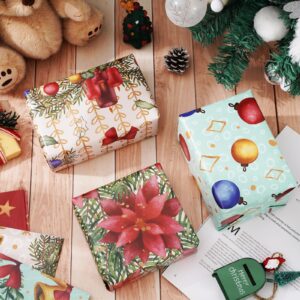 Whaline 12Pcs Christmas Wrapping Paper Watercolor Holly Bell Gift Wrap Paper Bulk Folded Flat Blue Red Decorative DIY Craft Paper, 20 x 28 Inch