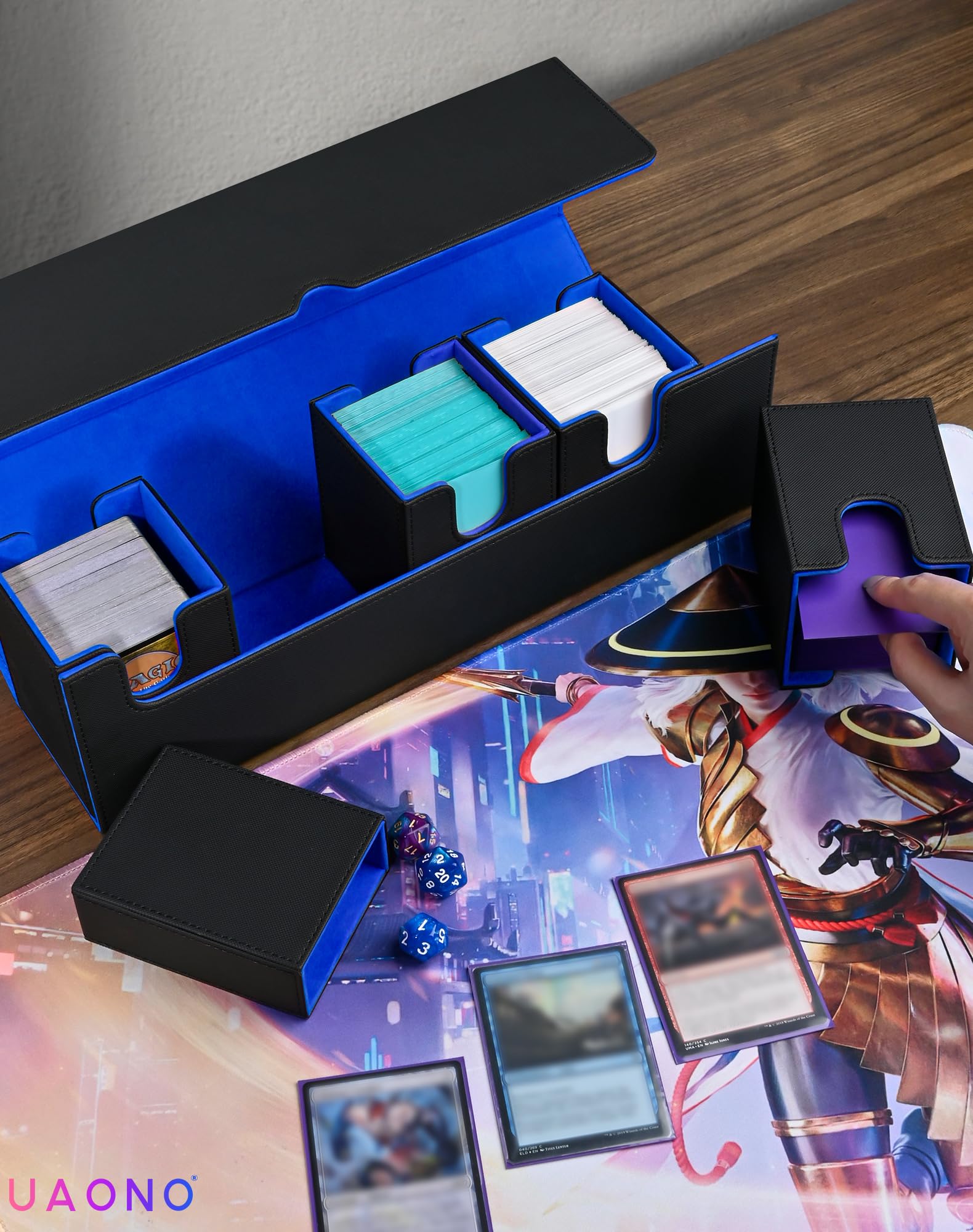 UAONO Card Storage Box with Dice Tray for MTG Yugioh, 5 in 1 Card Deck Case Holds 900+ Unsleeved Cards, Strong Magnet Card Organizer for Magic Commander TCG CCG Sports Cards (Black&Blue)