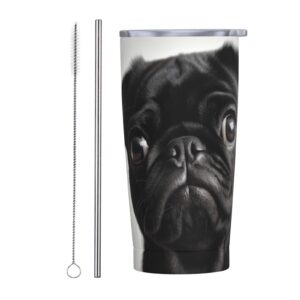 cute black pug dog print 20 oz stainless steel tumbler with lid and straw insulated coffee cup portable travel mug for cold and hot drinks