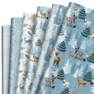 Whaline 12Pcs Christmas Wrapping Paper Winter Reindeer Gift Wrap Paper Bulk Folded Flat Blue Christmas Tree Decorative DIY Craft Paper, 20 x 28 Inch