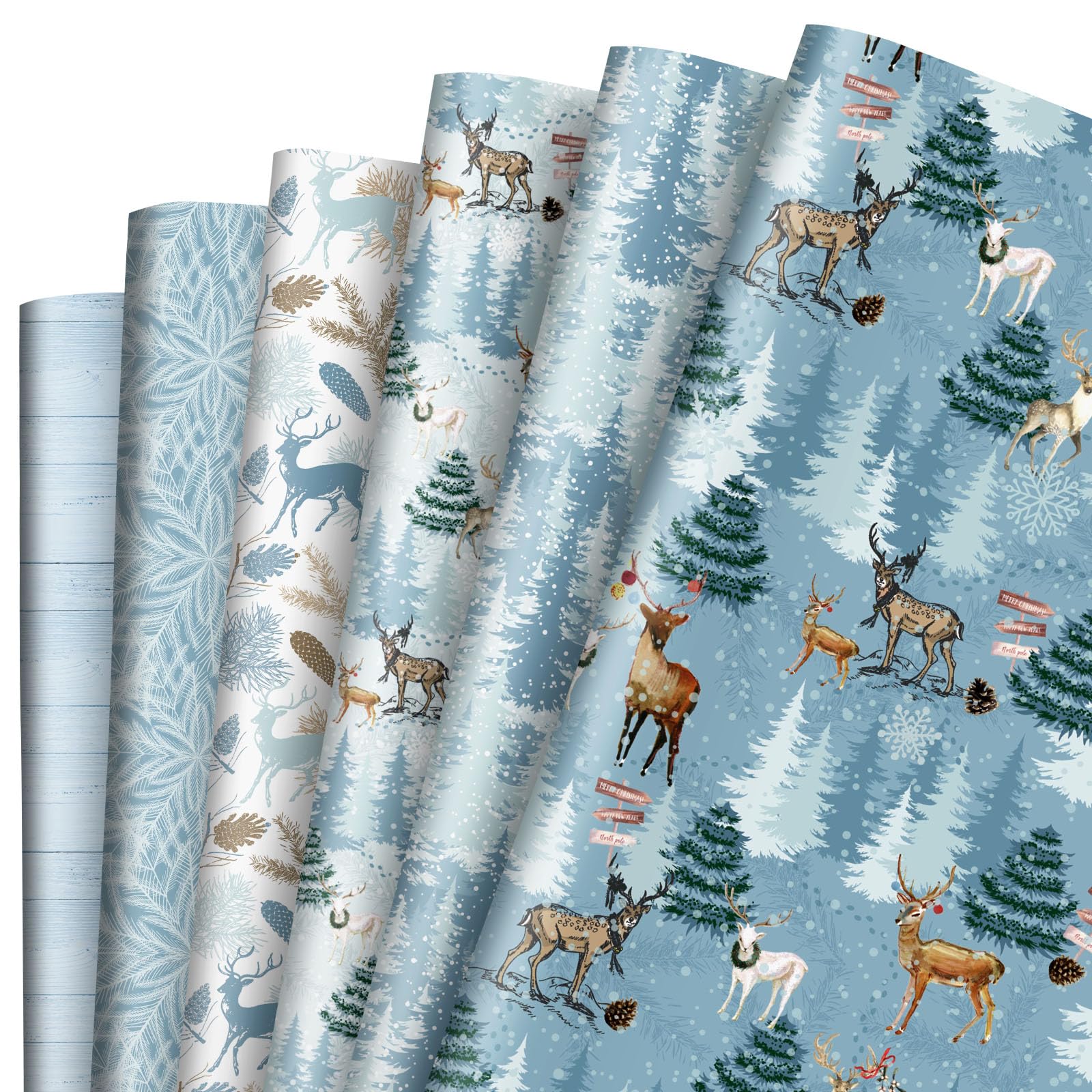 Whaline 12Pcs Christmas Wrapping Paper Winter Reindeer Gift Wrap Paper Bulk Folded Flat Blue Christmas Tree Decorative DIY Craft Paper, 20 x 28 Inch