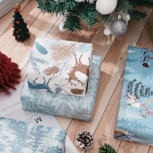 Whaline 12Pcs Christmas Wrapping Paper Winter Reindeer Gift Wrap Paper Bulk Folded Flat Blue Christmas Tree Decorative DIY Craft Paper, 20 x 28 Inch