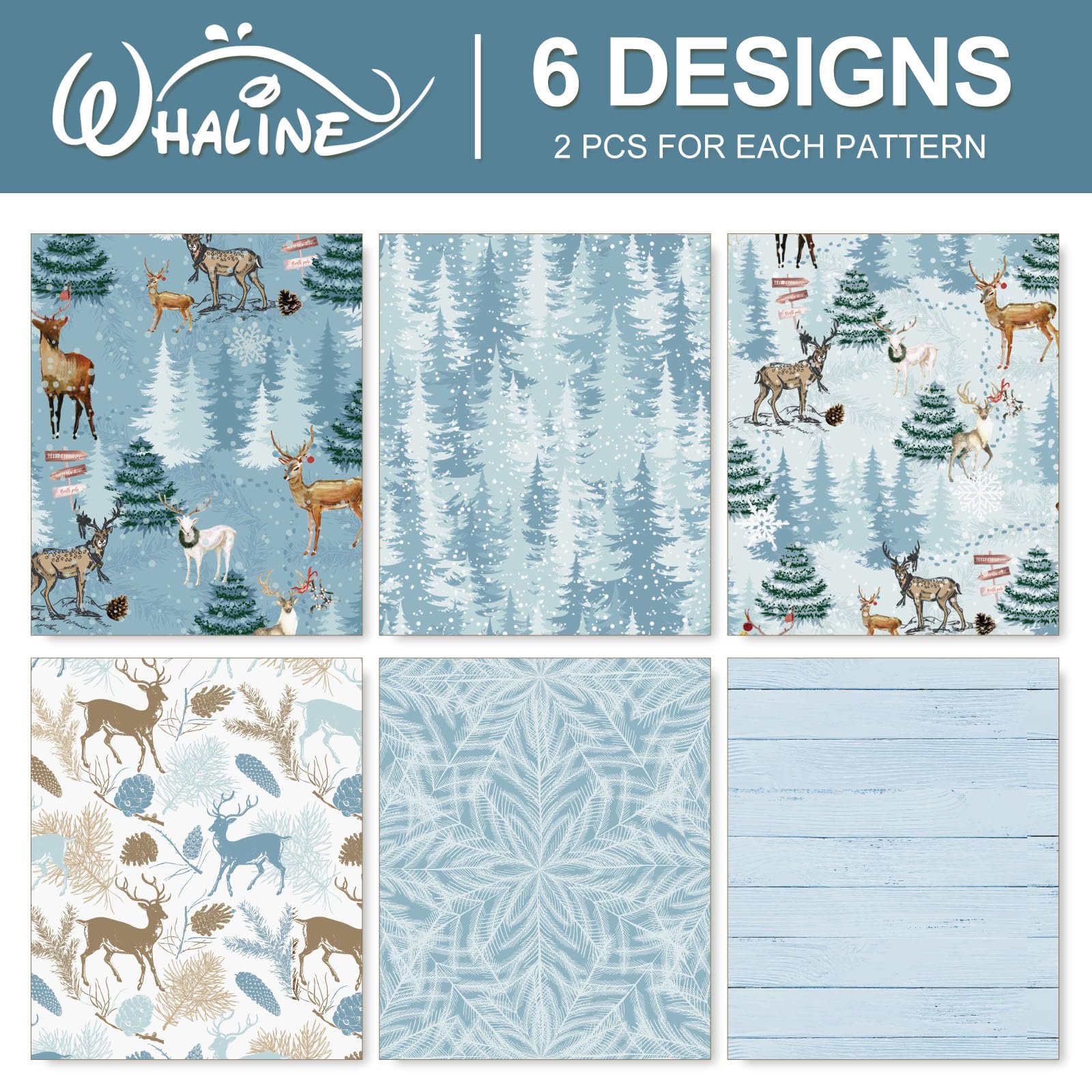 Whaline 12Pcs Christmas Wrapping Paper Winter Reindeer Gift Wrap Paper Bulk Folded Flat Blue Christmas Tree Decorative DIY Craft Paper, 20 x 28 Inch