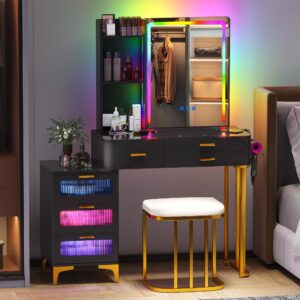 Gurexl RGB Vanity Desk with Mirror and Lights, Glass Top Makeup Vanity Table with Wireless Charging Station, Modern Dressing Table with 24 Lighting Modes, Cushioned Stool Included