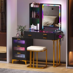 Gurexl RGB Vanity Desk with Mirror and Lights, Glass Top Makeup Vanity Table with Wireless Charging Station, Modern Dressing Table with 24 Lighting Modes, Cushioned Stool Included