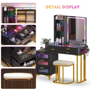 Gurexl RGB Vanity Desk with Mirror and Lights, Glass Top Makeup Vanity Table with Wireless Charging Station, Modern Dressing Table with 24 Lighting Modes, Cushioned Stool Included