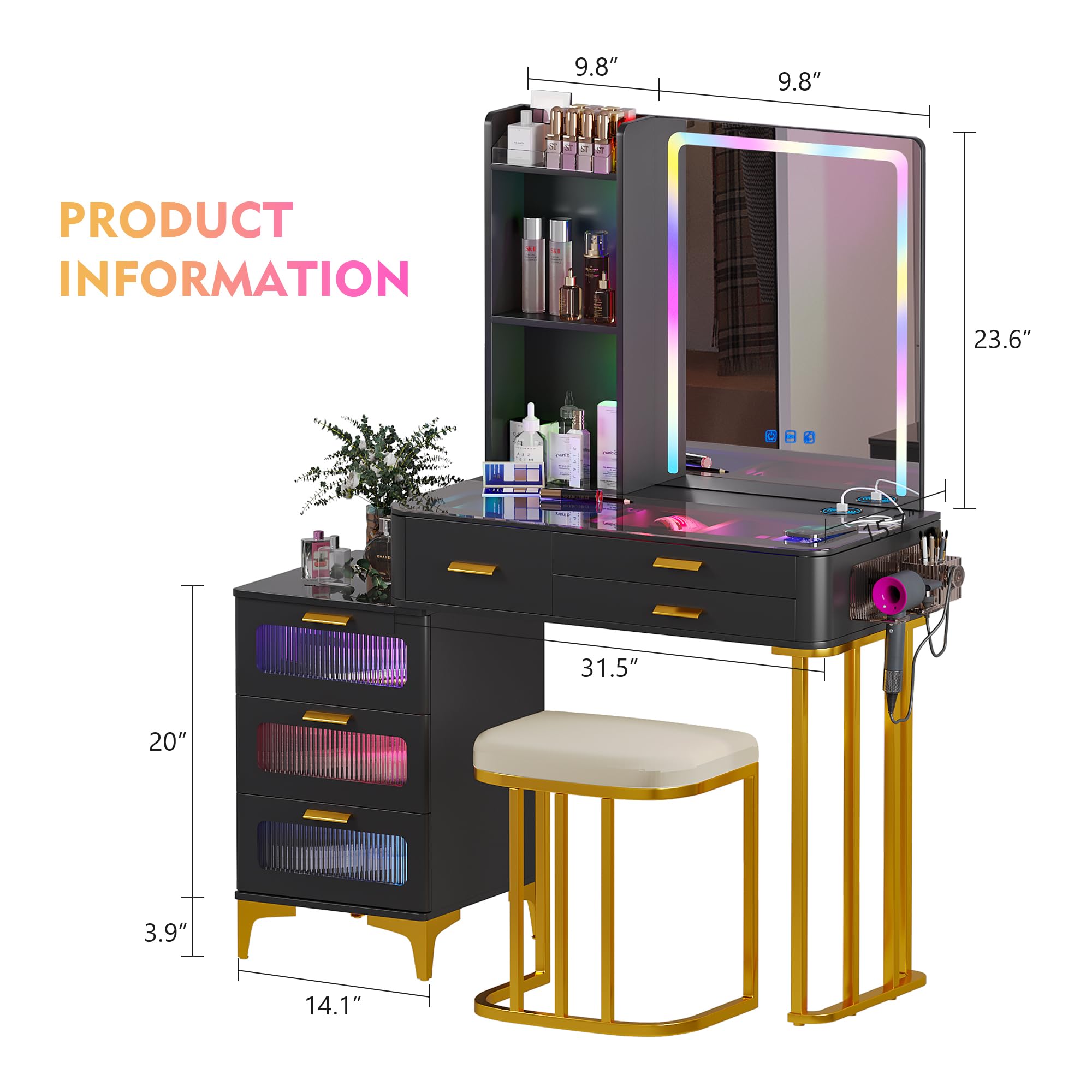 Gurexl RGB Vanity Desk with Mirror and Lights, Glass Top Makeup Vanity Table with Wireless Charging Station, Modern Dressing Table with 24 Lighting Modes, Cushioned Stool Included