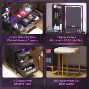 Gurexl RGB Vanity Desk with Mirror and Lights, Glass Top Makeup Vanity Table with Wireless Charging Station, Modern Dressing Table with 24 Lighting Modes, Cushioned Stool Included